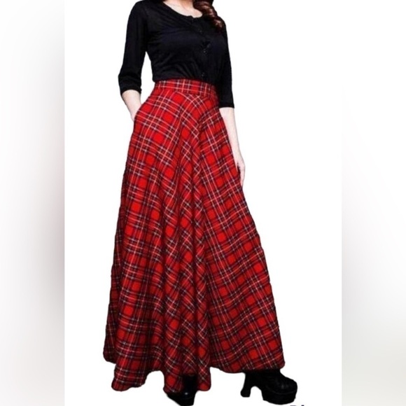 NWT-WBCTW-S(8)-red plaid-long, high waisted skirt, with two front pockets. - Picture 1 of 9